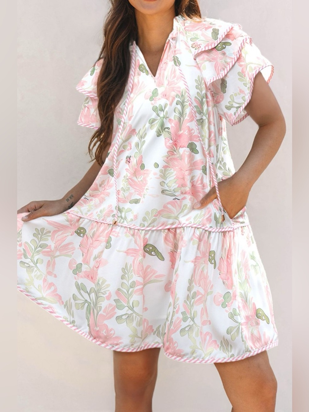 Floral Contrast Edge Layered Short Sleeve Mini Dress